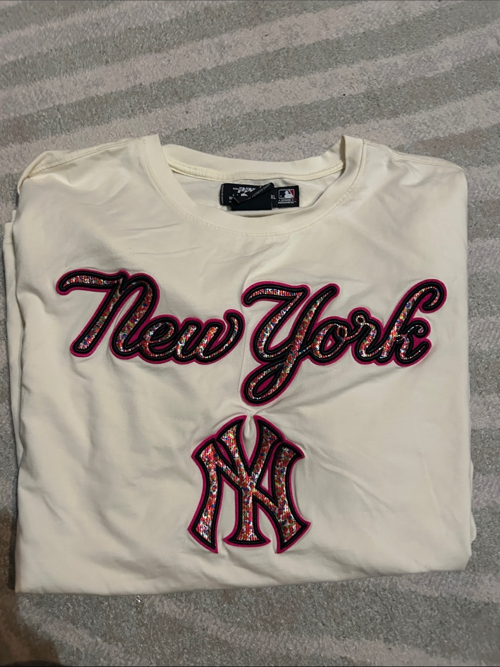 New Era Cream Short Sleeve Tee with Pink-Trim New York Script